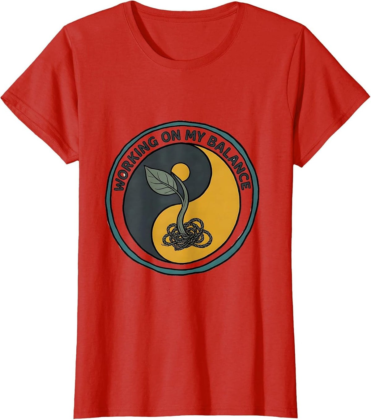 Women's Working On My Balance Midcentury Modern Yin Yang Tai Chi T-Shirt - Red