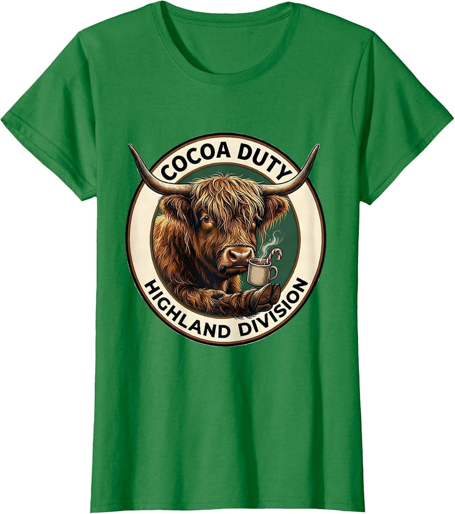 Women's Cocoa Duty Highland Division Funny Highland Cow Christmas T-Shirt - Kelly Green