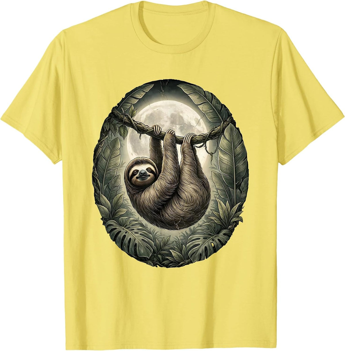 Men's Sloth Hanging from Moonlit Jungle Vine T-Shirt - Lemon Yellow