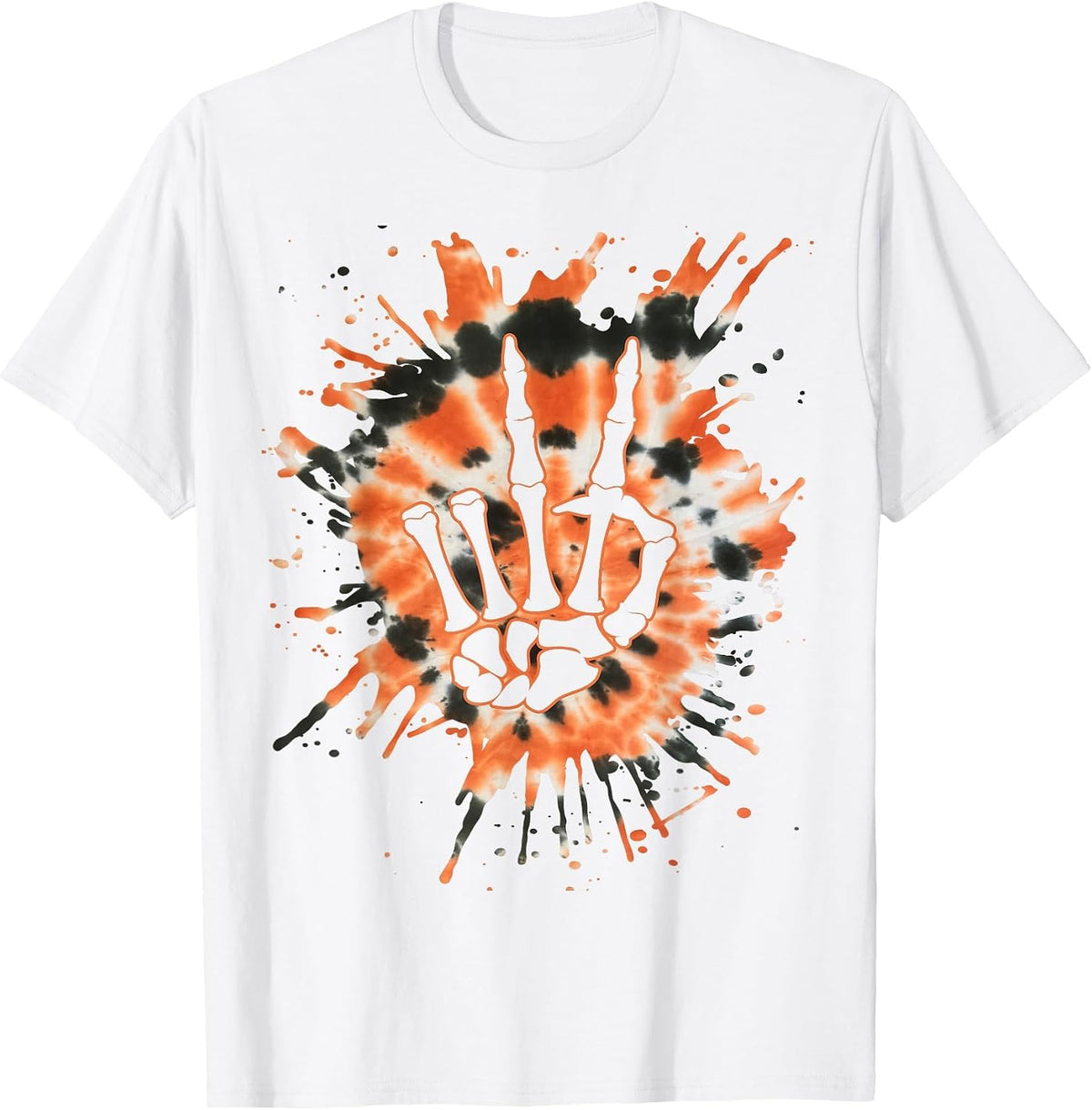 Orange tie dye Skeleton Peace Sign Halloween T-Shirt - White