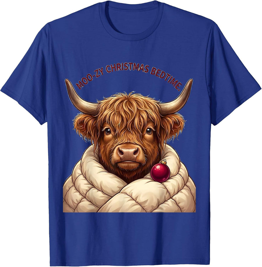 Moo-zy Christmas Bedtime Cute Kawaii Highland Cow Pajama T-Shirt - Royal Blue