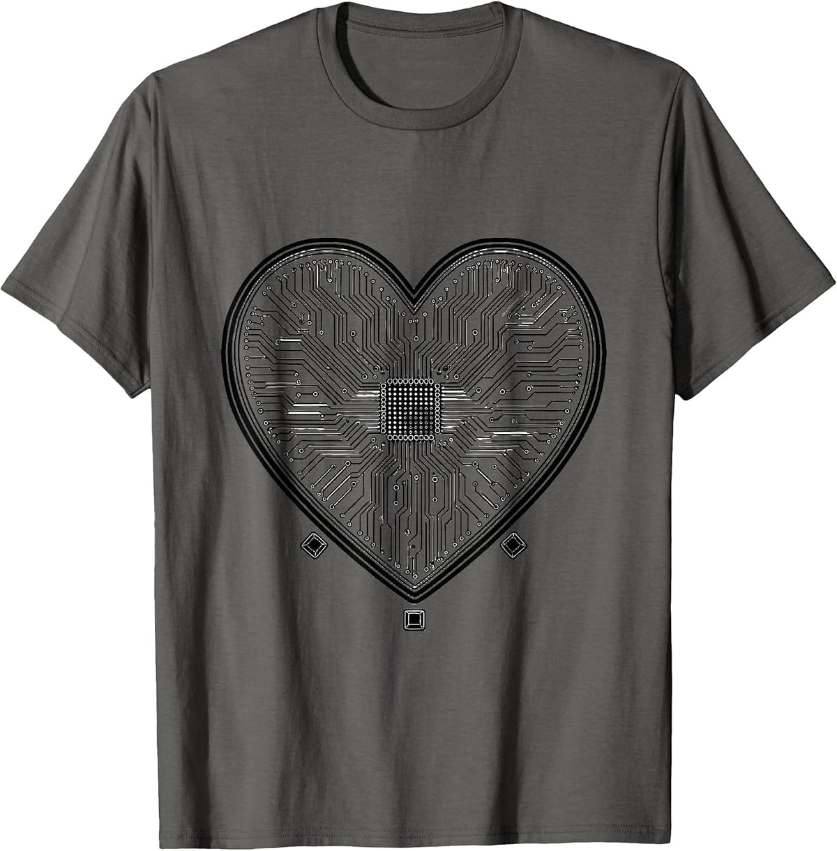 Heart Circuit Board Line Art Nerd Geek Humor T-Shirt - Asphalt Grey