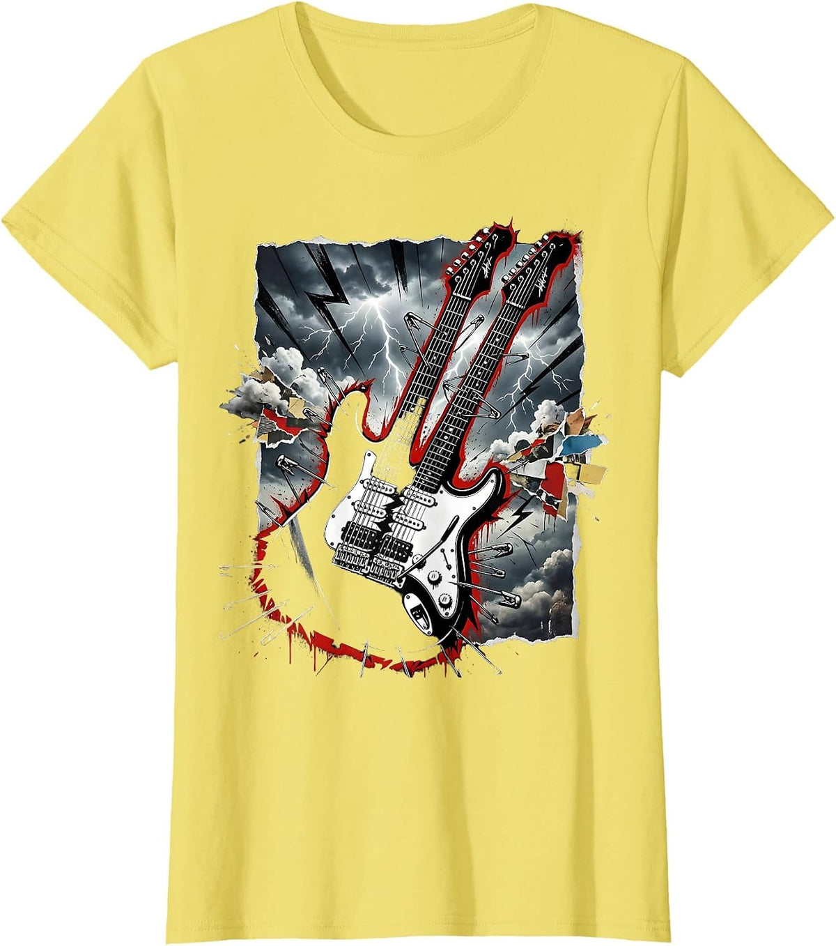 Double-Neck Guitar Stormy Sky Classic Rock Design T-Shirt - Lemon Yellow