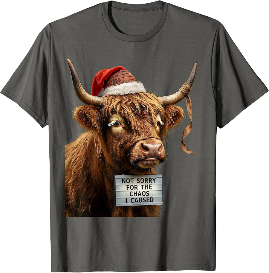 Not Sorry For The Chaos I Caused Funny Highland Cow T-Shirt - Asphalt Grey