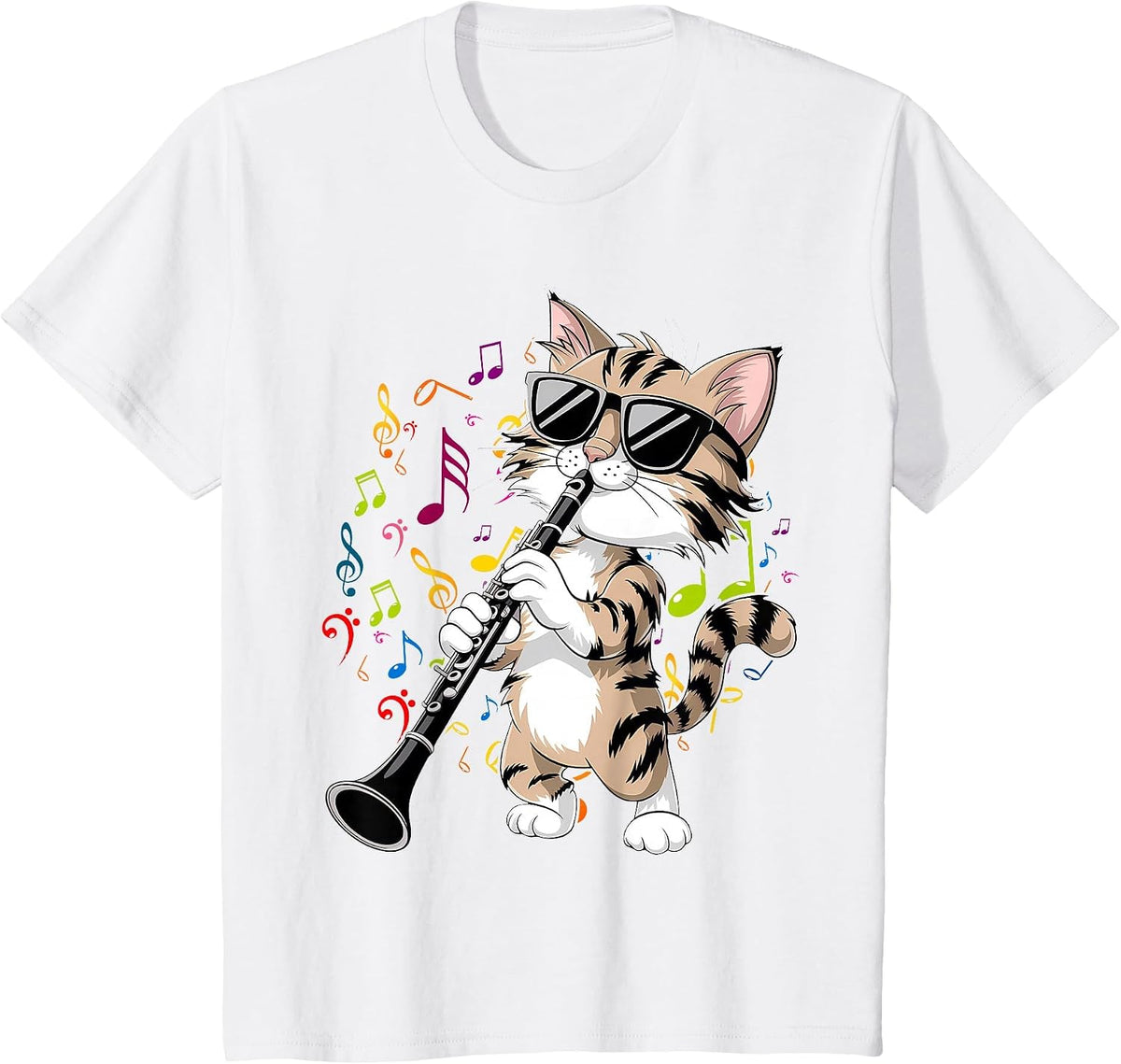 Funny Cat Wearing Sunglasses Playing Clarinet T-Shirt - White