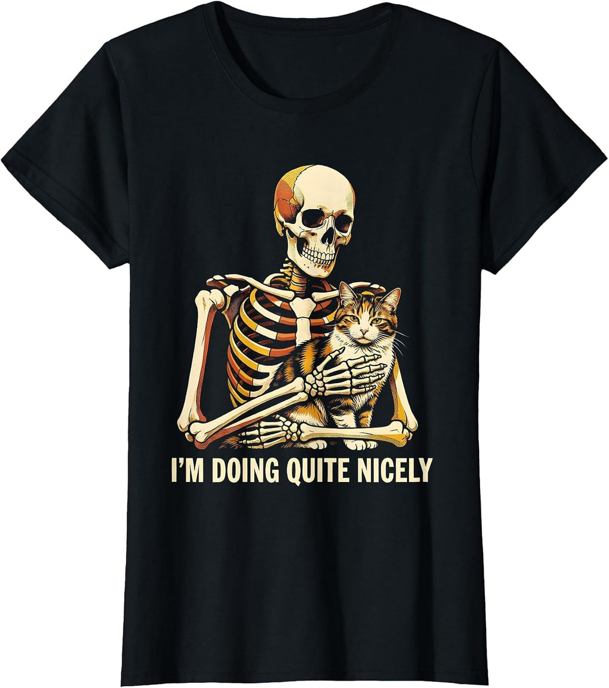 Women's I'm Doing Quite Nicely Risograph Skeleton Hugging Cat T-Shirt - Black