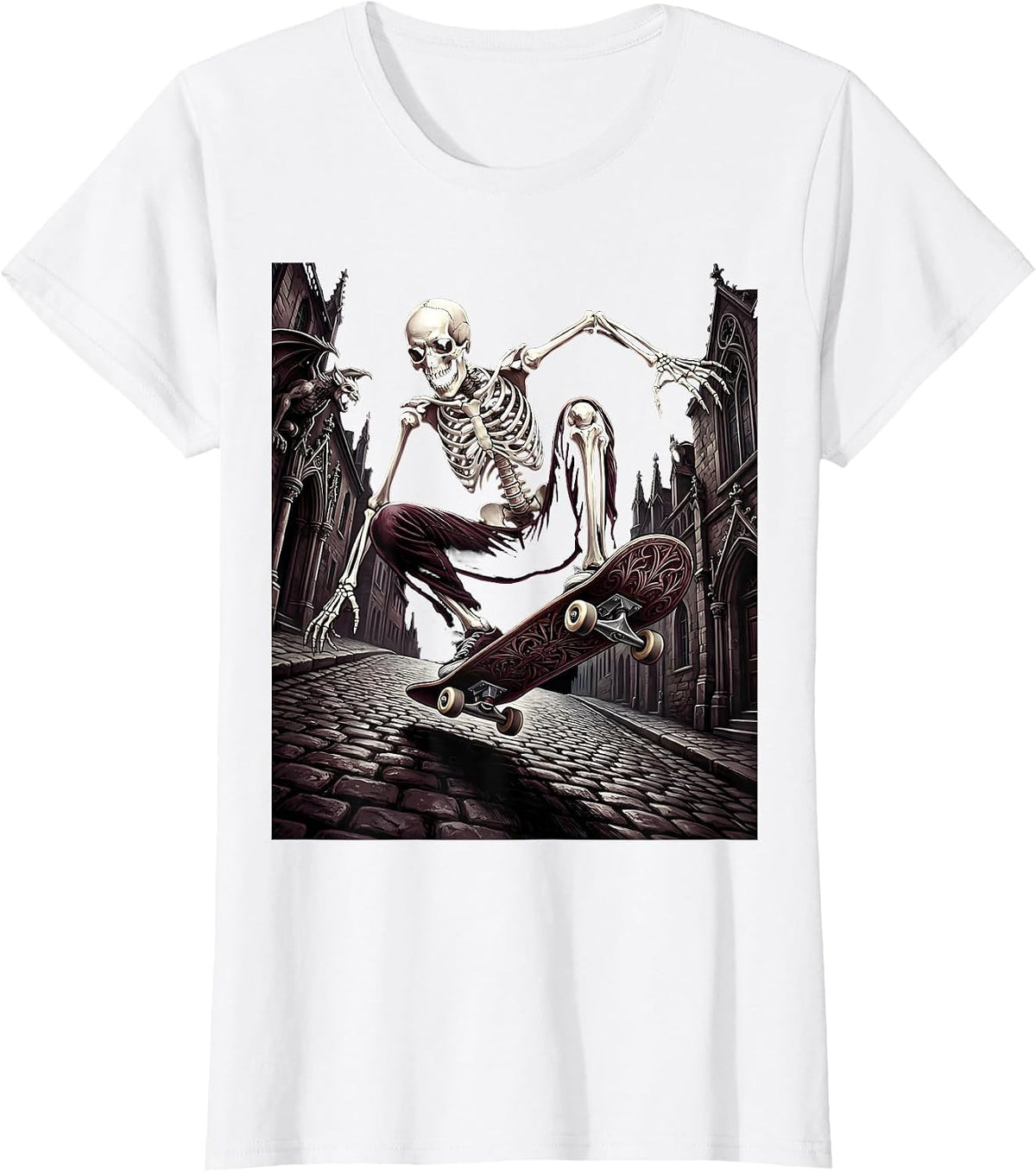 Women's Skeleton Skater Urban Downhill Graphic T-Shirt - White