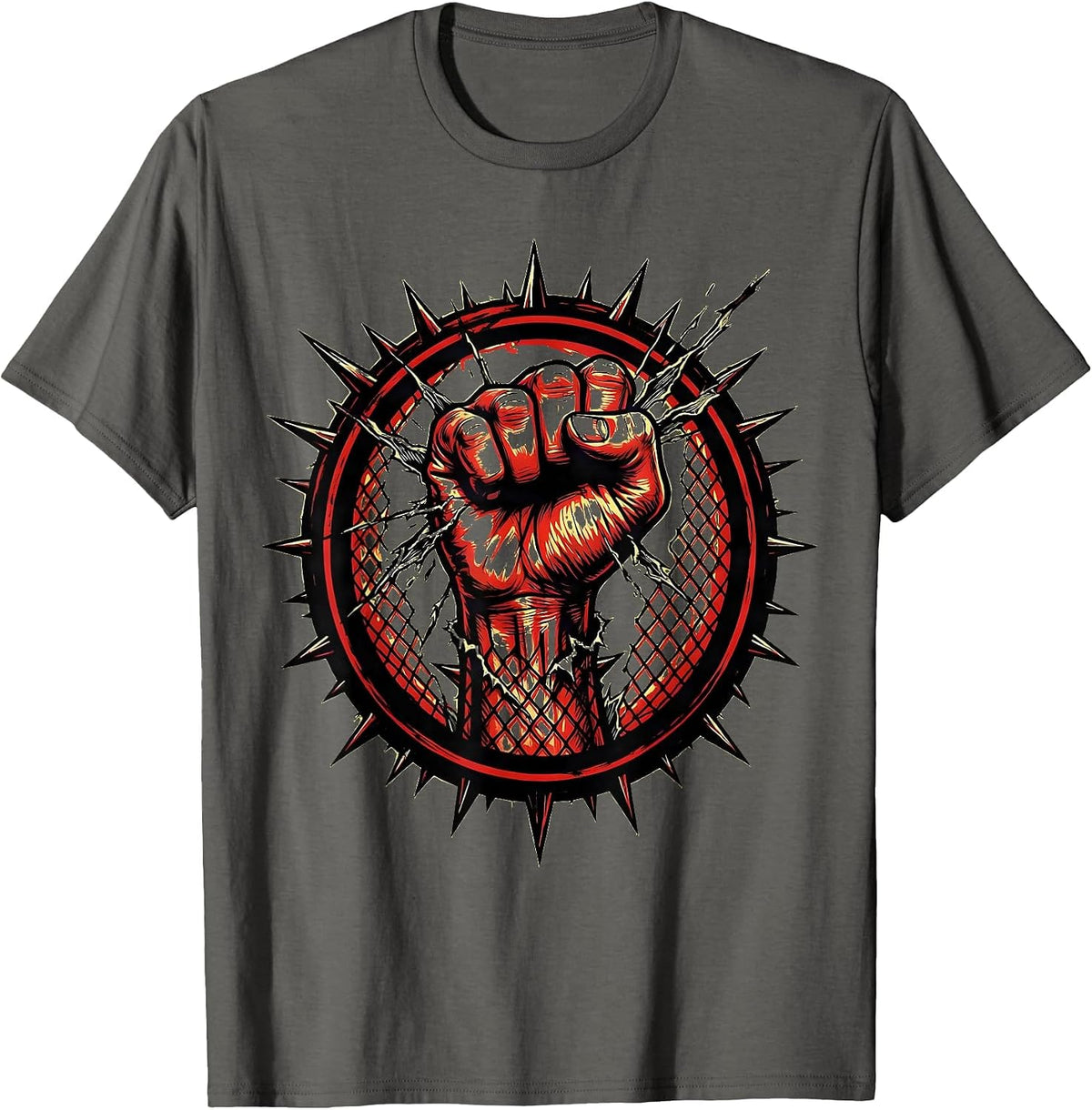 Men's Punk Raised Fist Through Torn Fishnet Graphic T-Shirt - Asphalt Grey