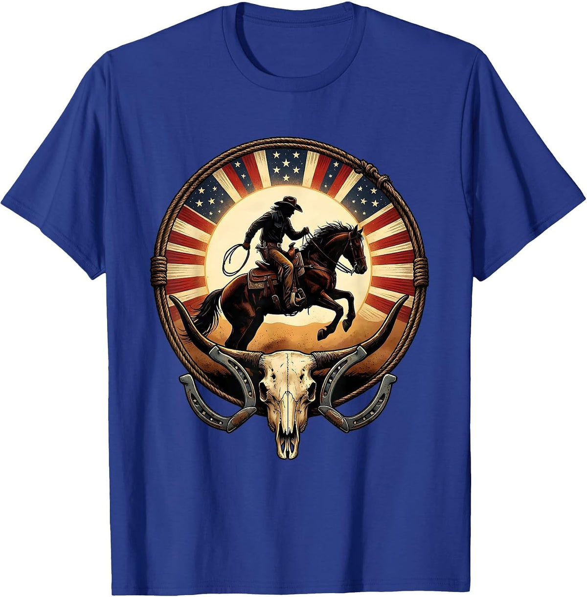 Cowboy Silhouette Desert Sun Rodeo Graphic T-Shirt - Royal Blue