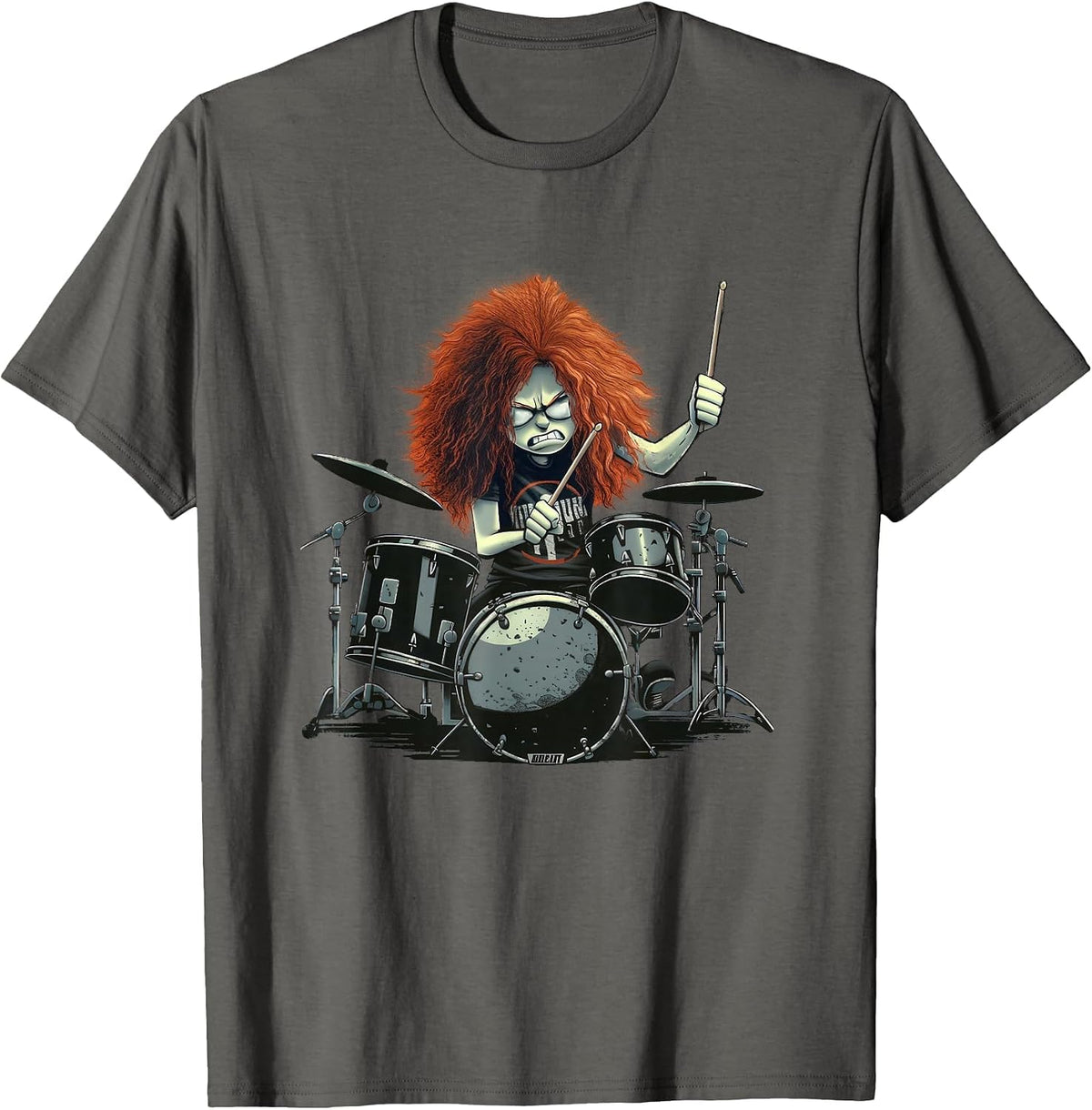 Funny Redhead Drummer Playing Drums T-Shirt - Asphalt Grey