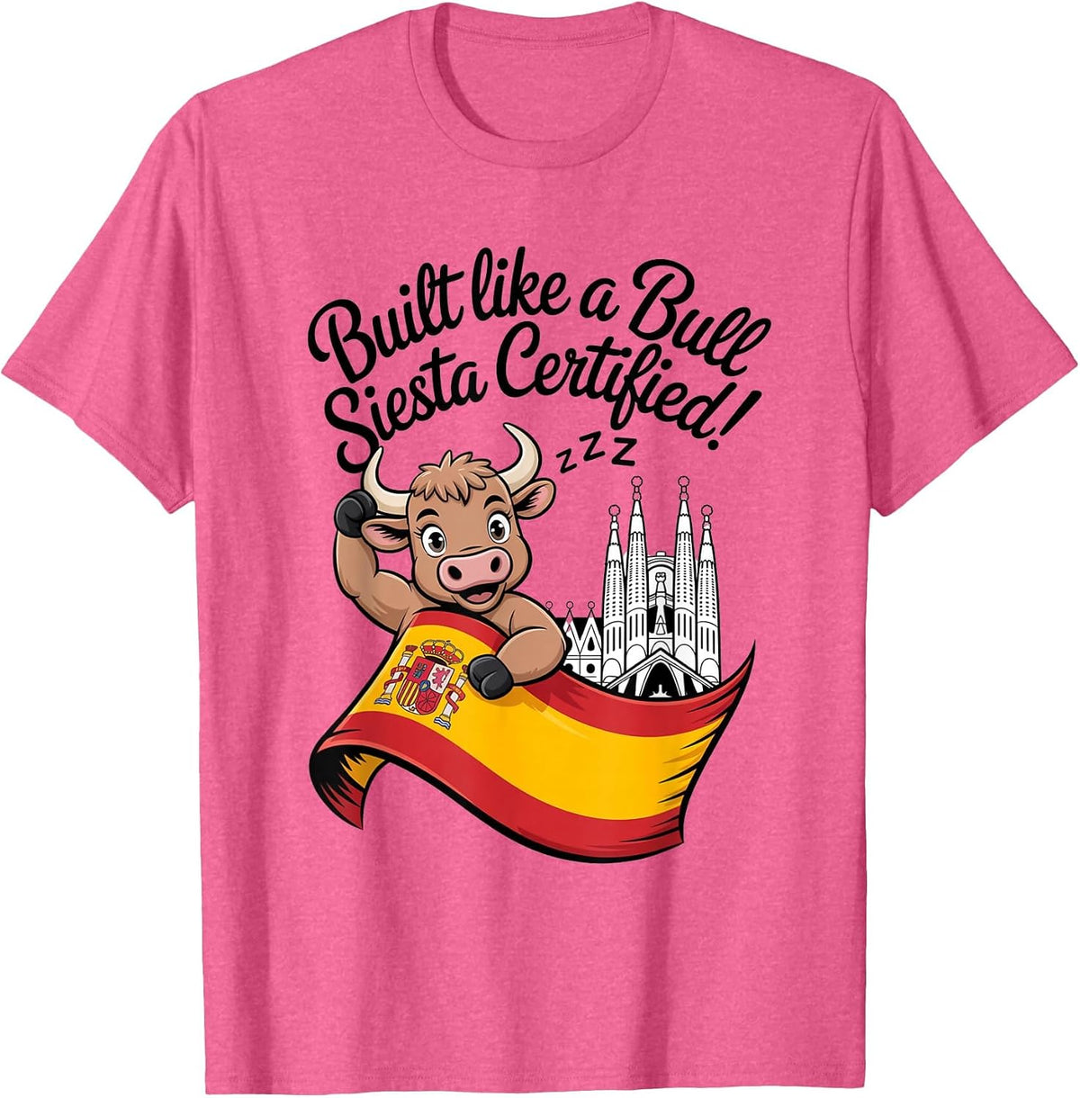 Spanish Bull with Spain Flag Barcelona Landmark Travel T-Shirt - Pink Heather