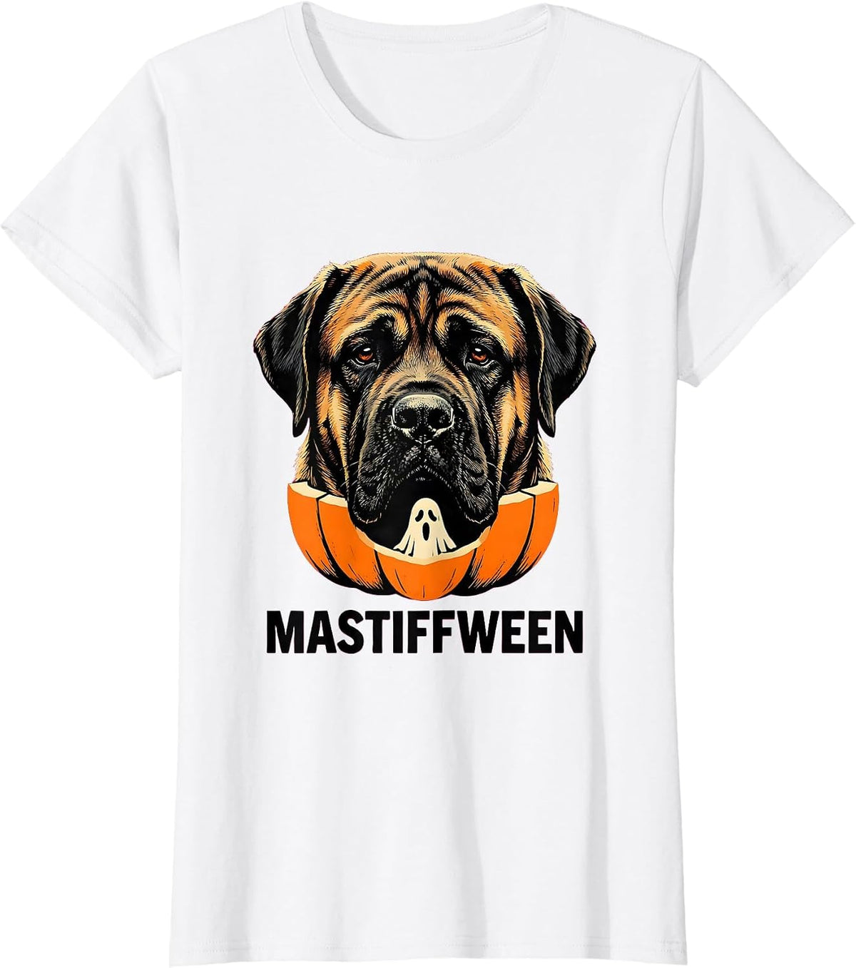 Women's Mastiffween Stencil Graphic Mastiff Dog Halloween Humor T-Shirt - White