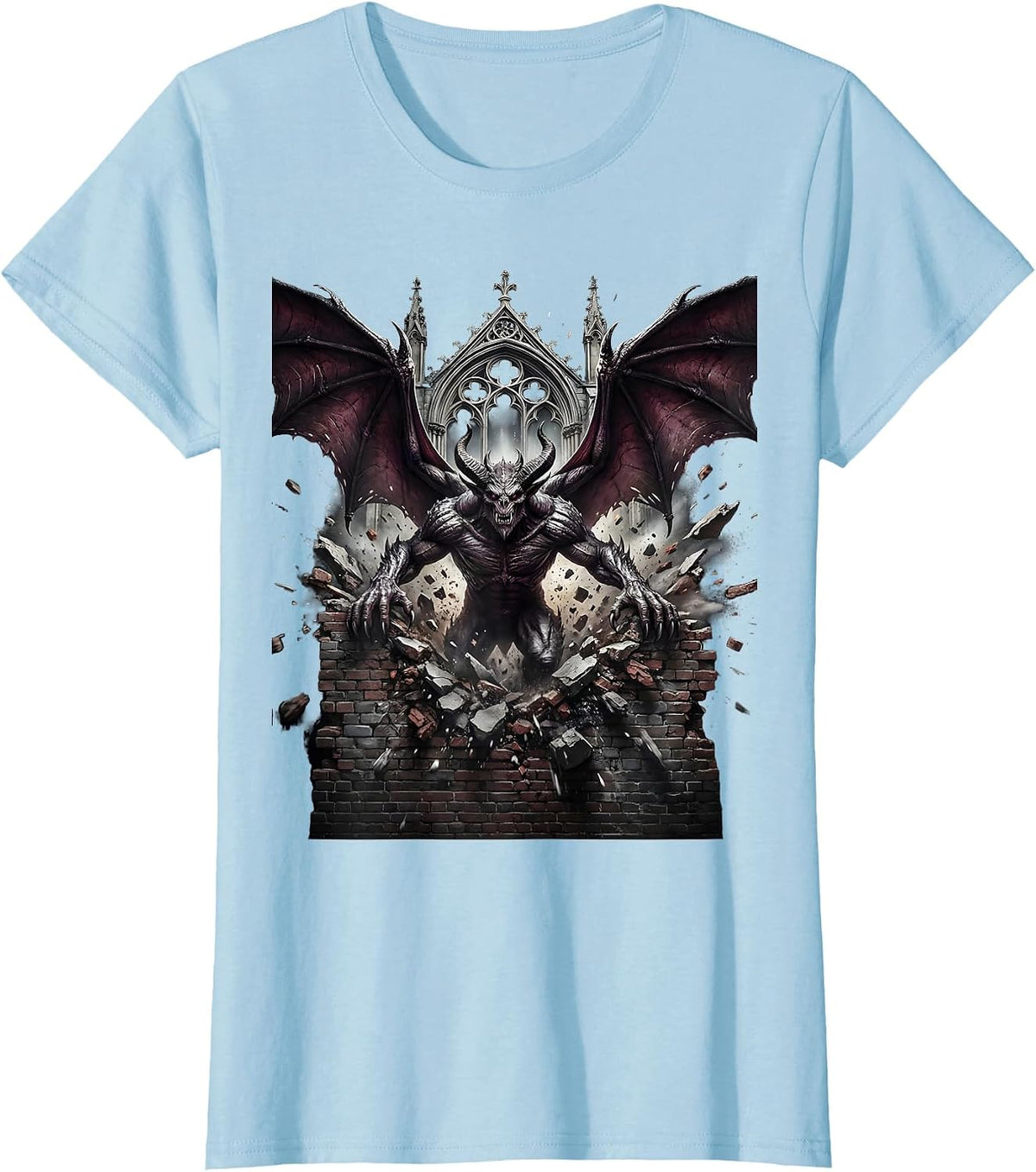 Winged Demon Bursting Through Brick Wall T-Shirt - Baby Blue