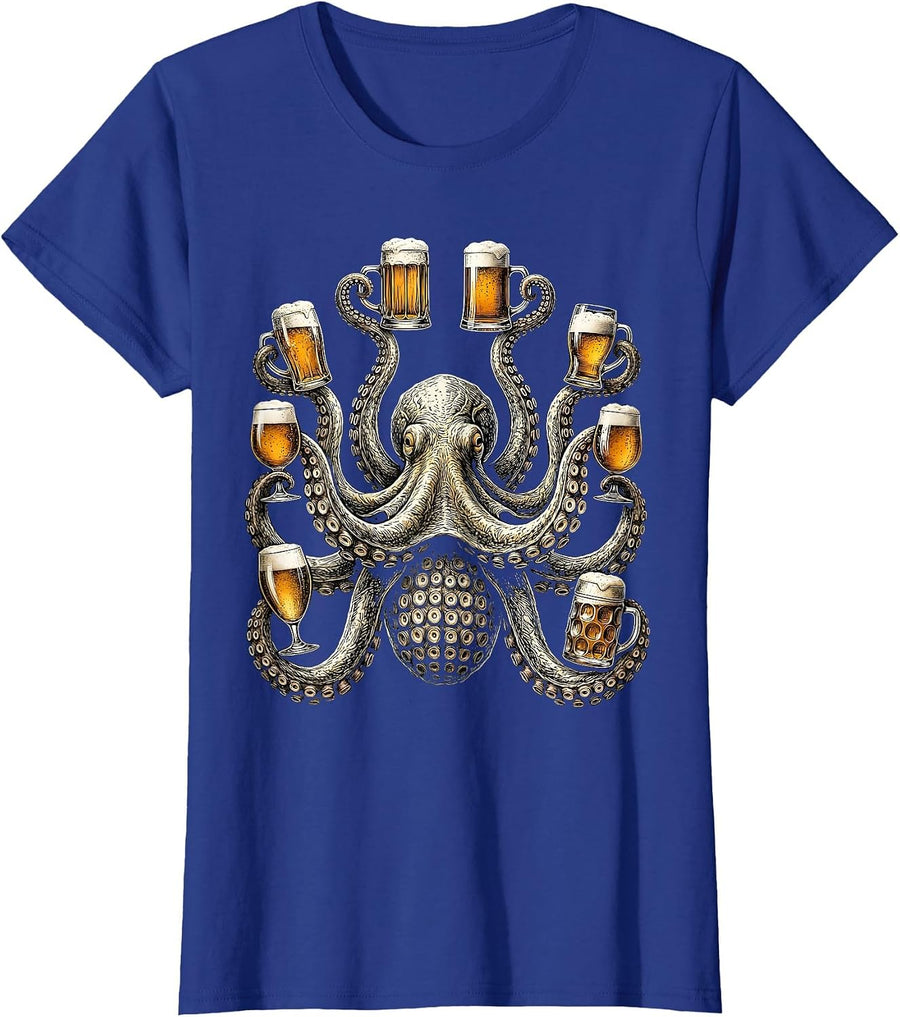 Octopus Holding Eight Beers Funny Drinking Art T-Shirt, Women, Royal Blue, Large - As Pictured