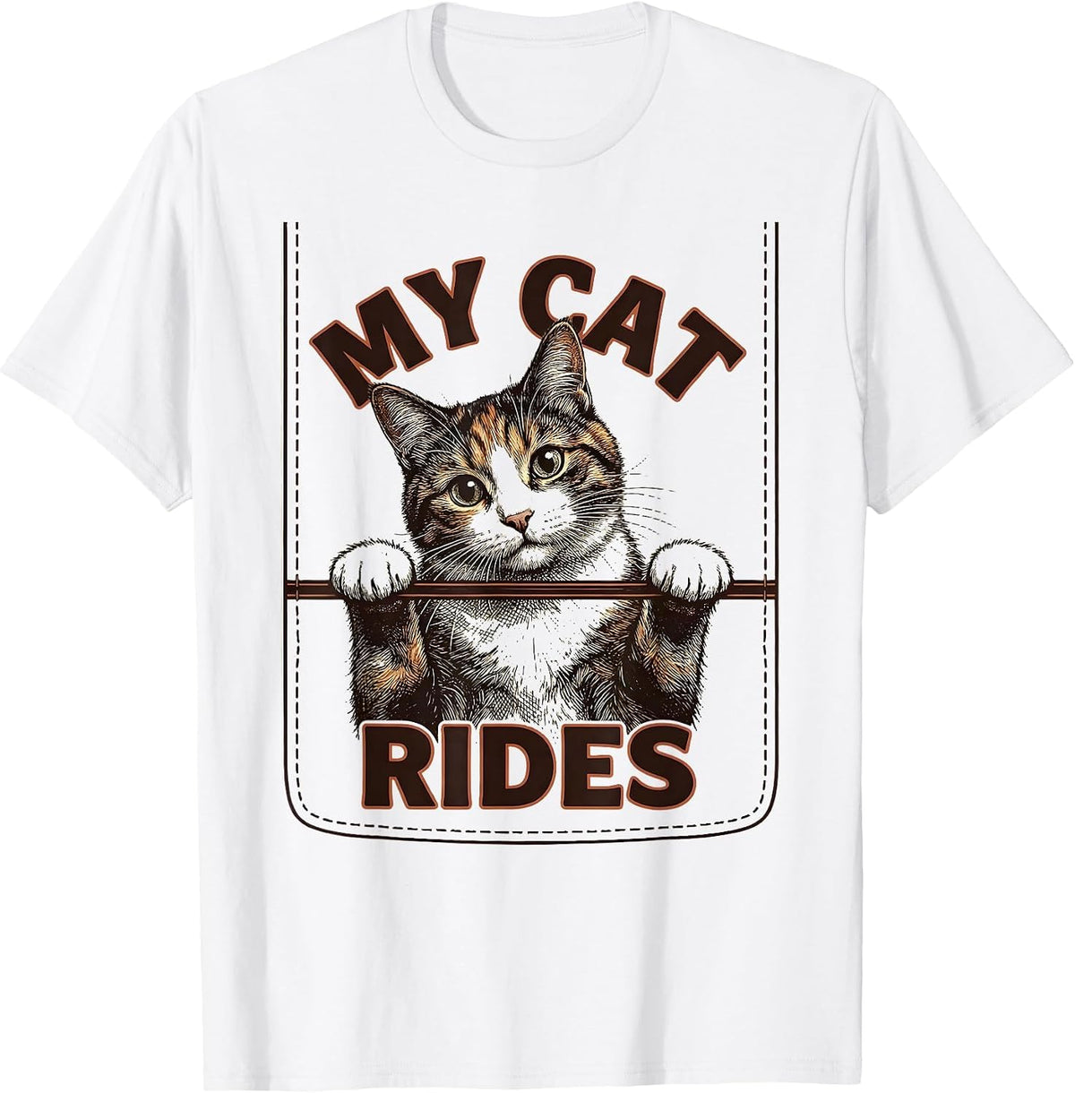 Men's My Cat Rides Funny Cat Lover Pet Portrait Casual Wear T-Shirt - White