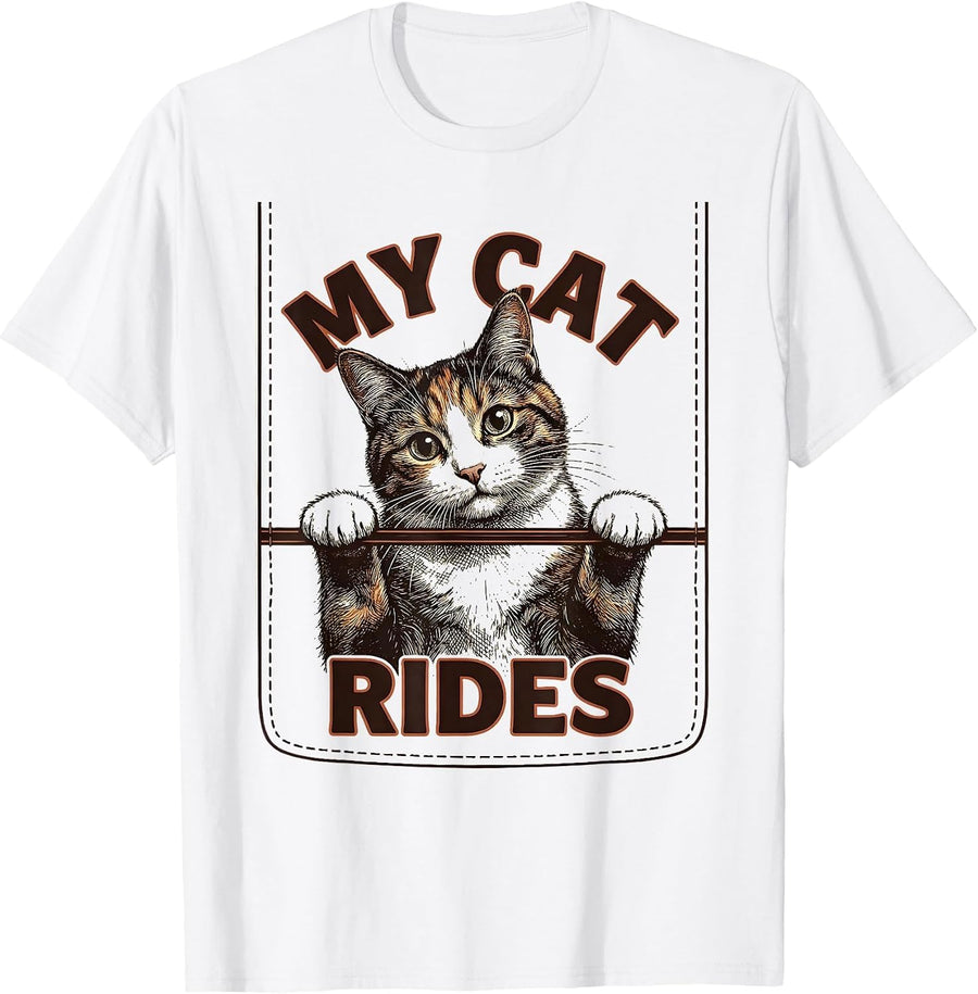 Men's My Cat Rides Funny Cat Lover Pet Portrait Casual Wear T-Shirt - White