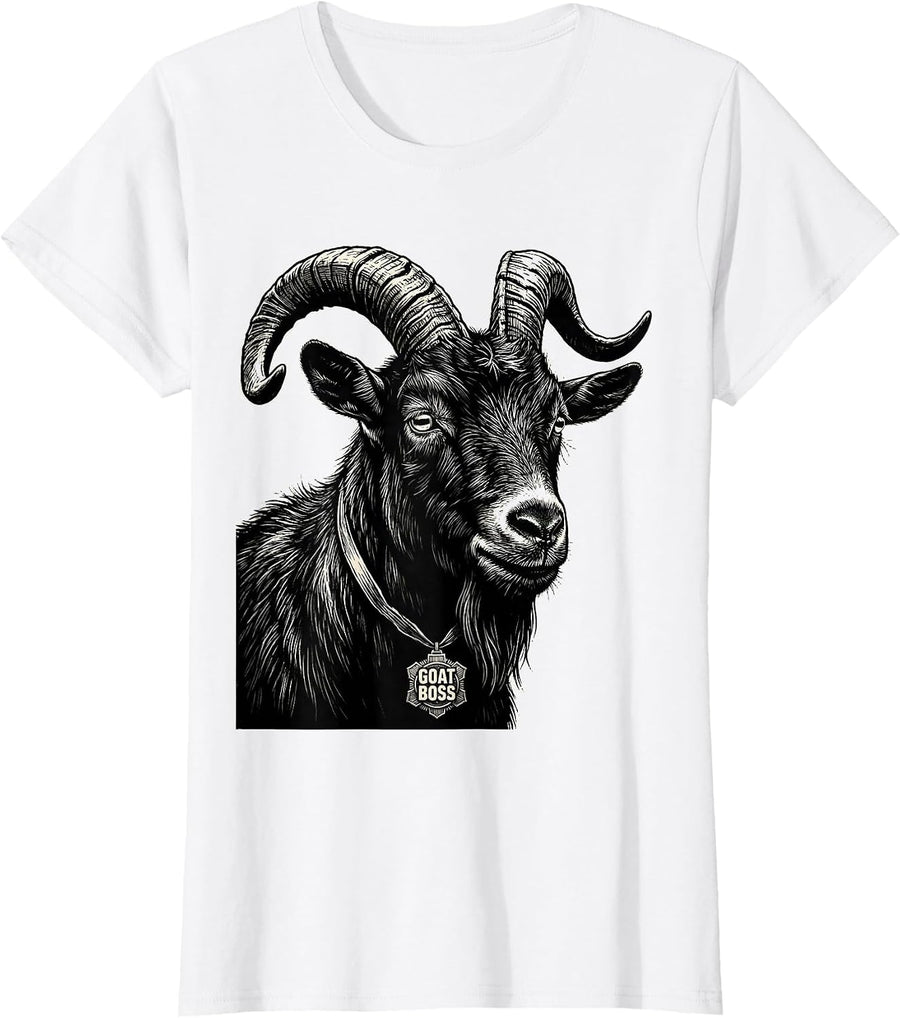 Women's Goat Boss Funny Farm Animal Scratchboard Humor T-Shirt - White