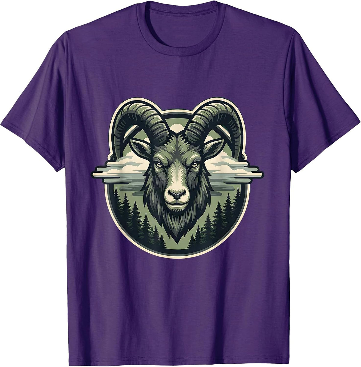 Goat Head Emerging From Forest Fog Illustration T-Shirt - Purple