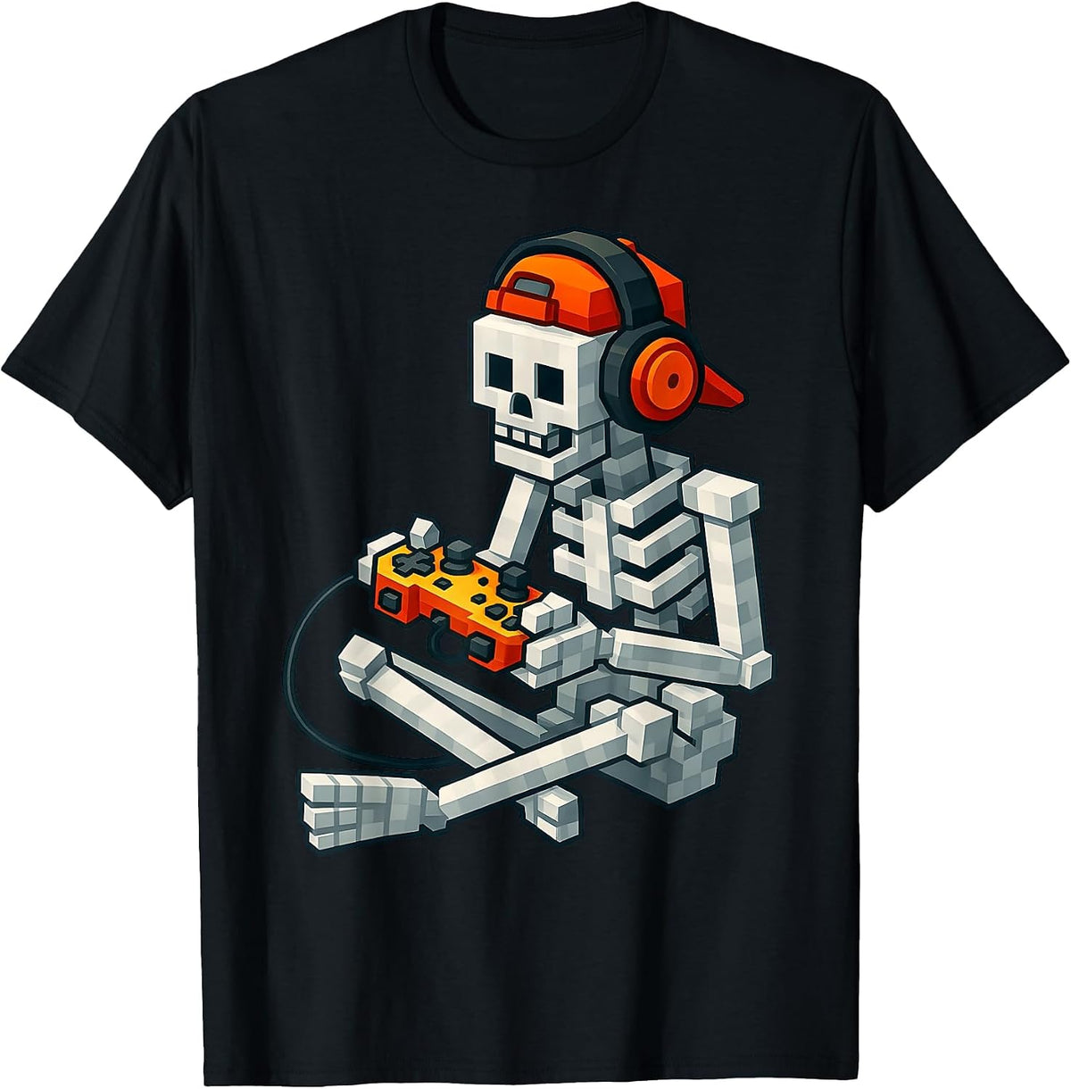 Halloween Skeleton Gamer Pixel Video Gaming Boys Men Kids T-Shirt - Black