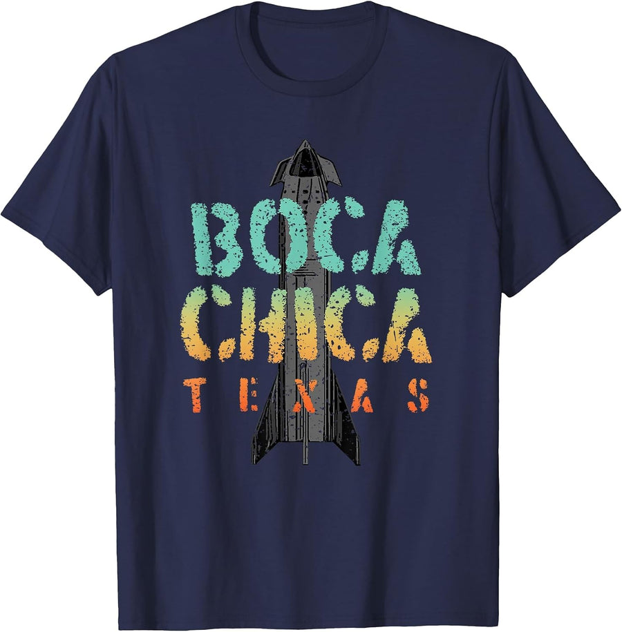 Boca Chica Texas Starship Cool Retro T-Shirt - Navy Blue