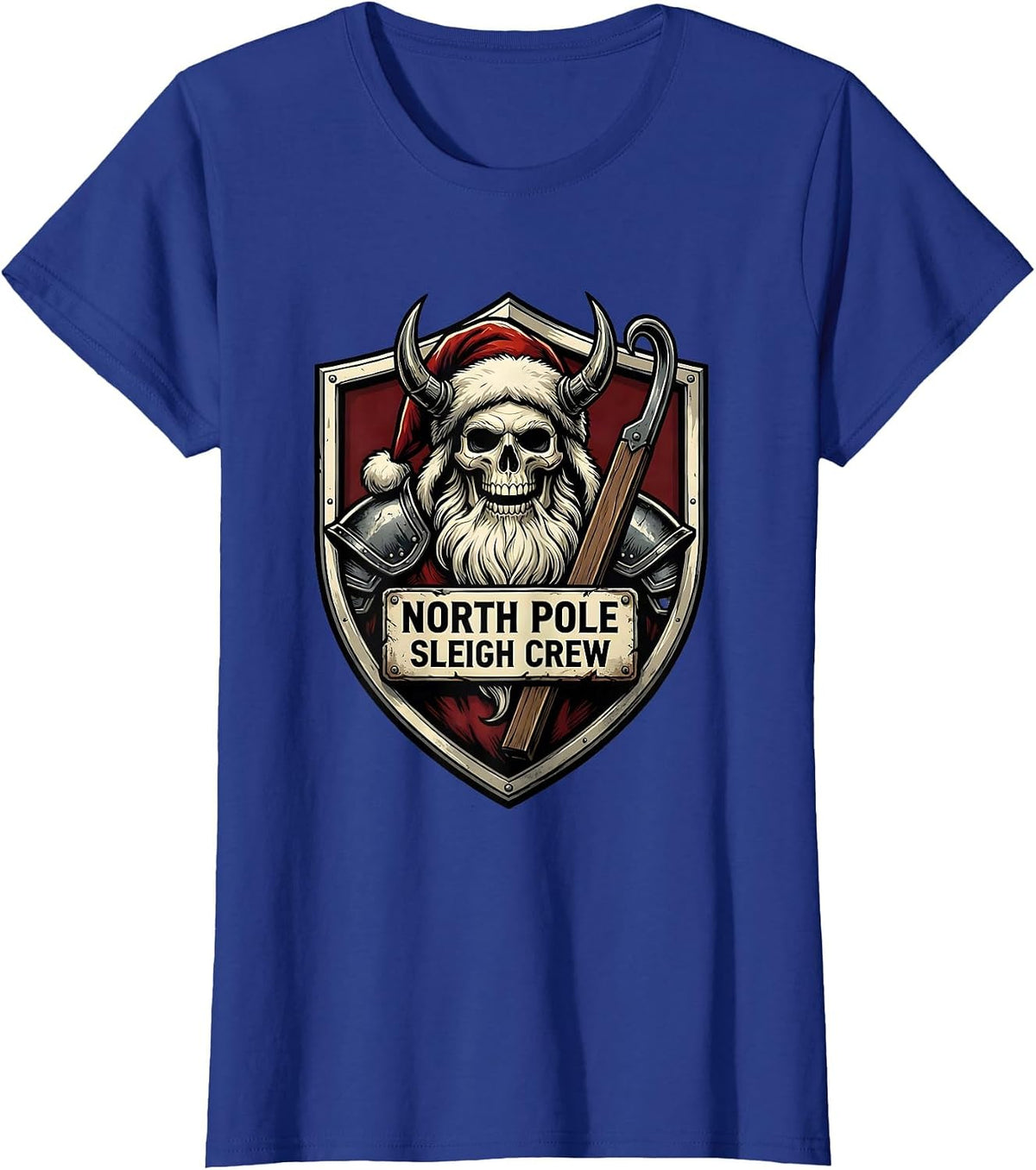 Women's North Pole Sleigh Crew Emblem Heavy Metal Santa Parody T-Shirt - Royal Blue