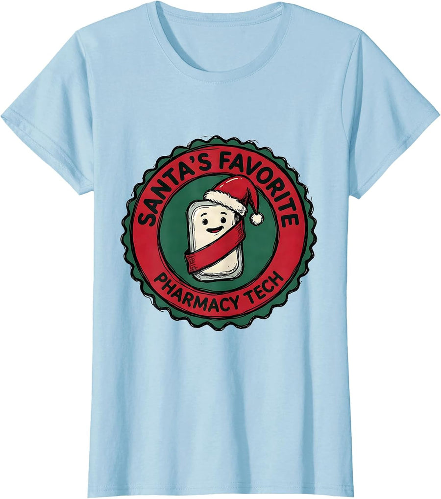 Women's Santa's Favorite Pharmacy Tech Funny Pharmacist Tech T-Shirt - Baby Blue