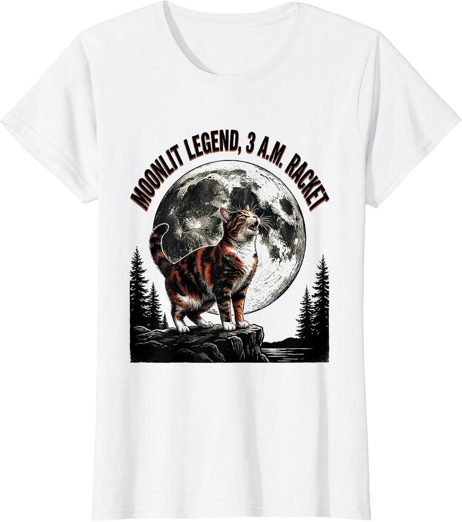 Women's Moonlit Legend 3 A.M. Racket Vintage Cat Owner Novelty T-Shirt - White
