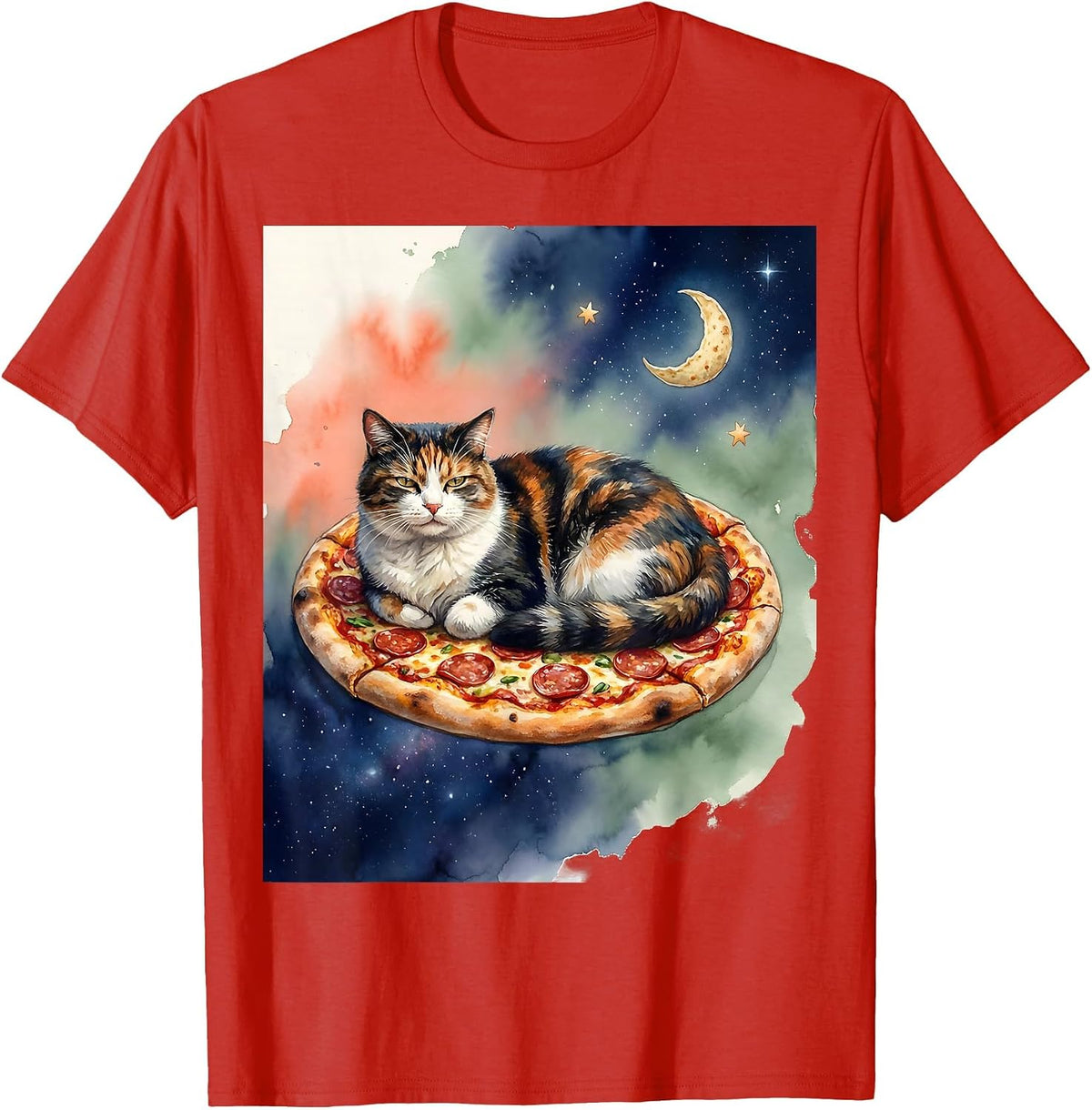 Men's Space Cat Pizza Taco Watercolor Meme Gift T-Shirt - Red