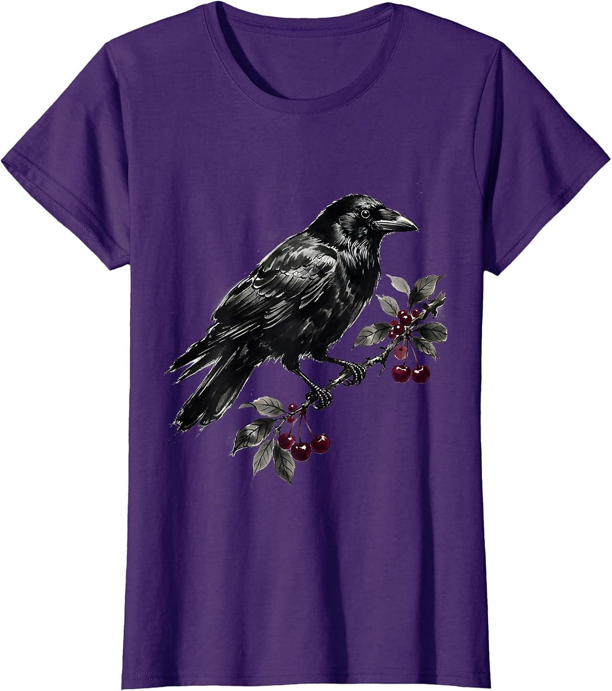 Women's Crow Carrying Coffee Cherry Branch T-Shirt - Purple