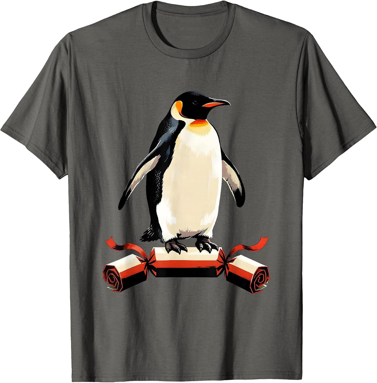 Men's Penguin Bursting From Cracker Funny Christmas Humor T-Shirt - Asphalt Grey