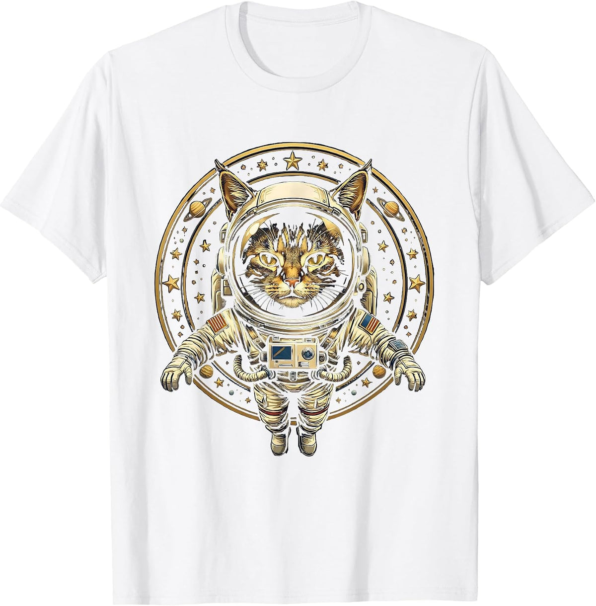 Men's Cat Astronaut Floating in Space Illustration T-Shirt - White