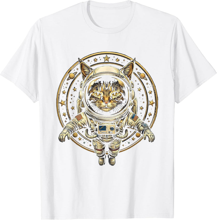 Men's Cat Astronaut Floating in Space Illustration T-Shirt - White