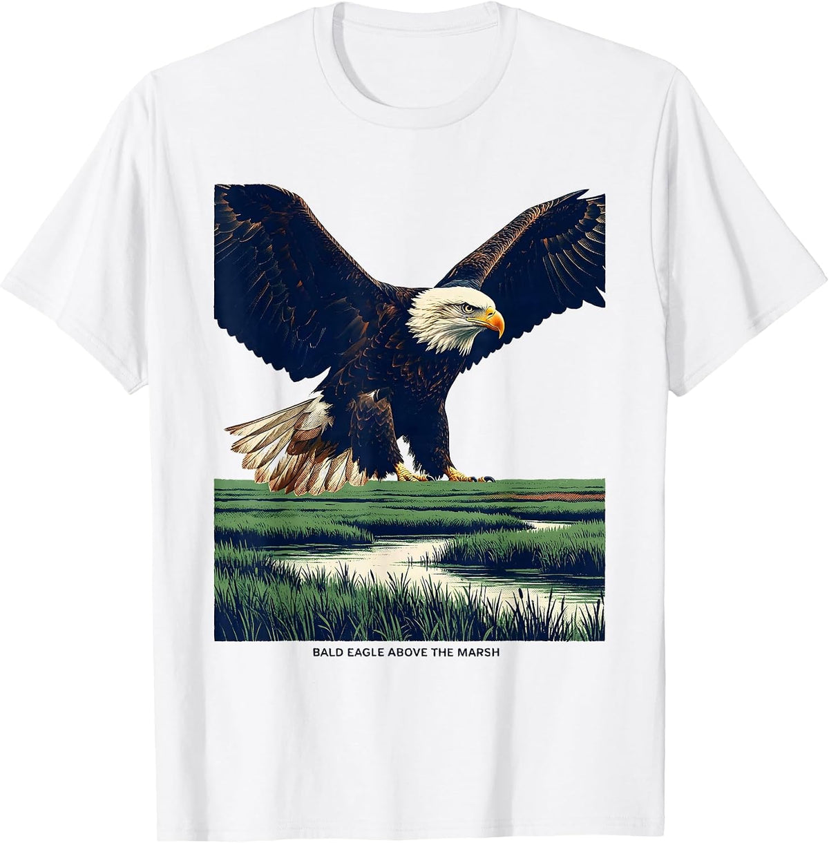Men's Bald Eagle Above The Marsh Screenprint Patriotic Wildlife T-Shirt - White
