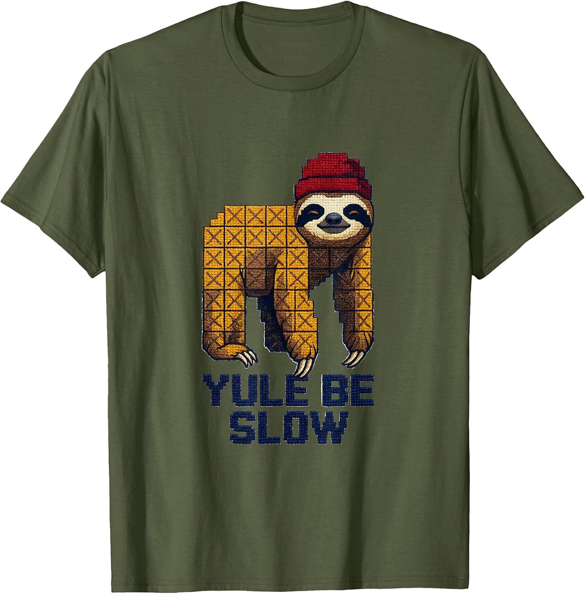 Men's Yule Be Slow Cross Stitch Sampler Funny Sloth Lover T-Shirt - Olive Green