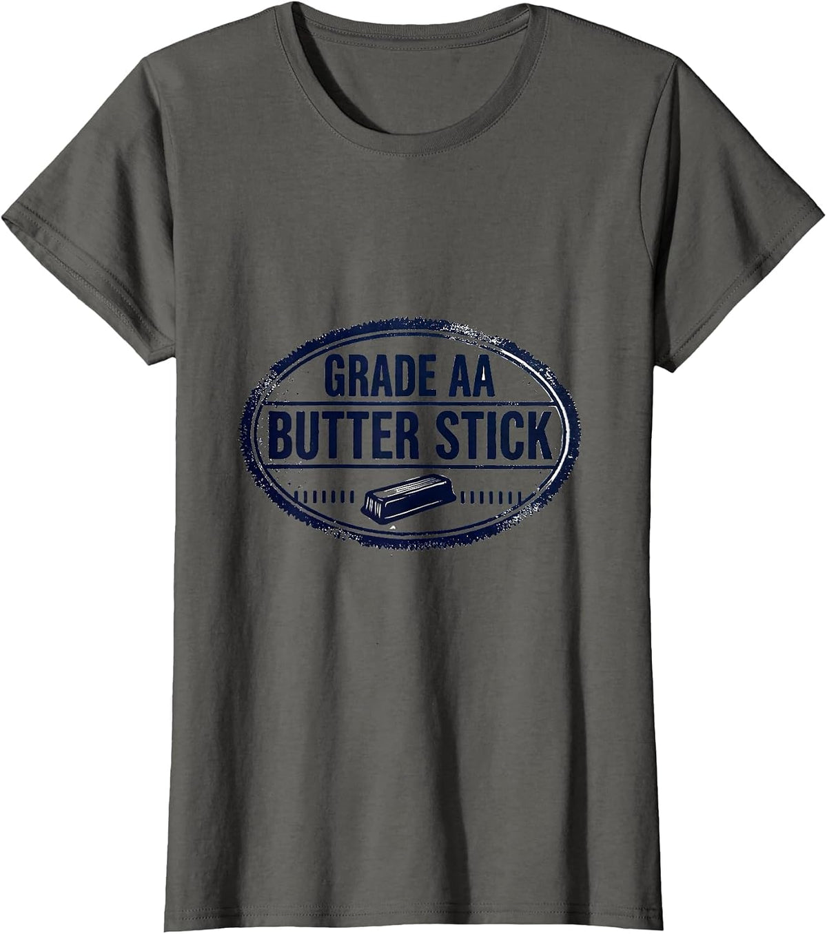 Women's Grade AA Butter Stick Rubber Stamp Food Humor Novelty T-Shirt - Asphalt Grey