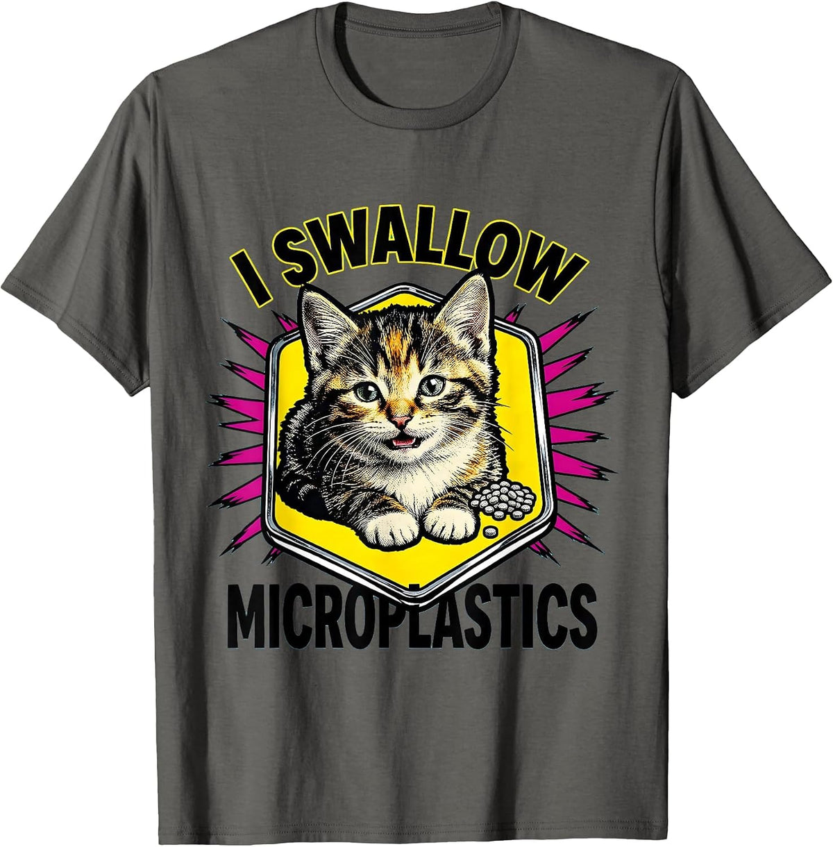 I Swallow Microplastics Pop Art Cat Meme Humor T-Shirt - Asphalt Grey
