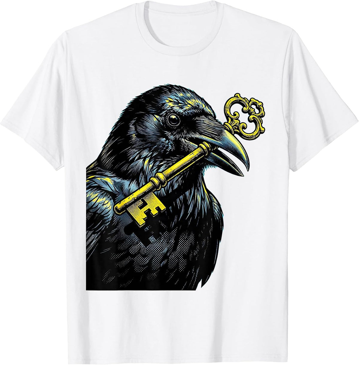 Men's Crow Clutching a Key Illustration Design T-Shirt - White