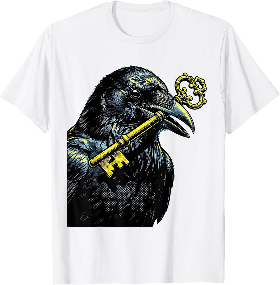 Men's Crow Clutching a Key Illustration Design T-Shirt - White