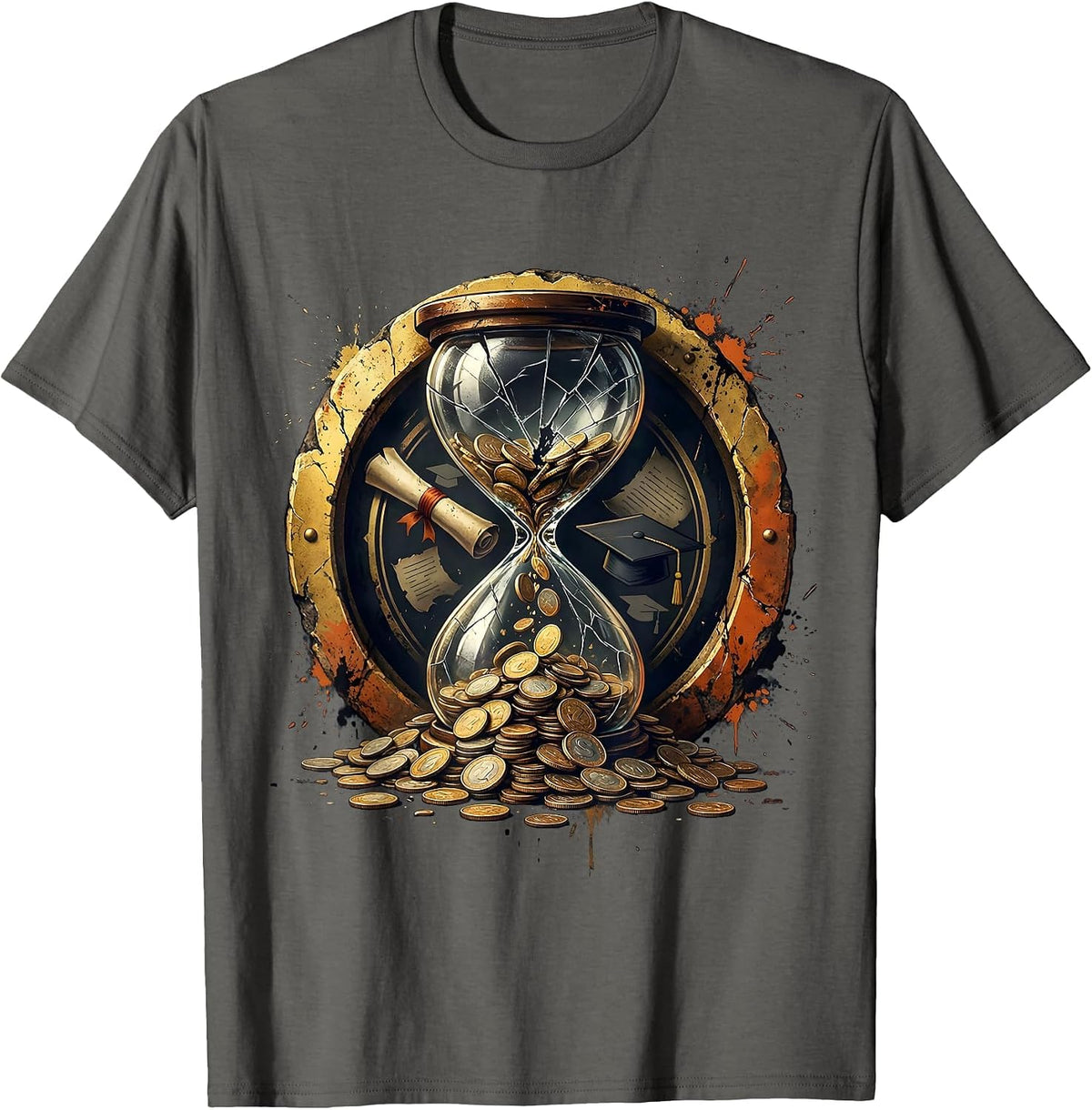 Giant Hourglass Raining Coins College Graphic T-Shirt - Asphalt Grey