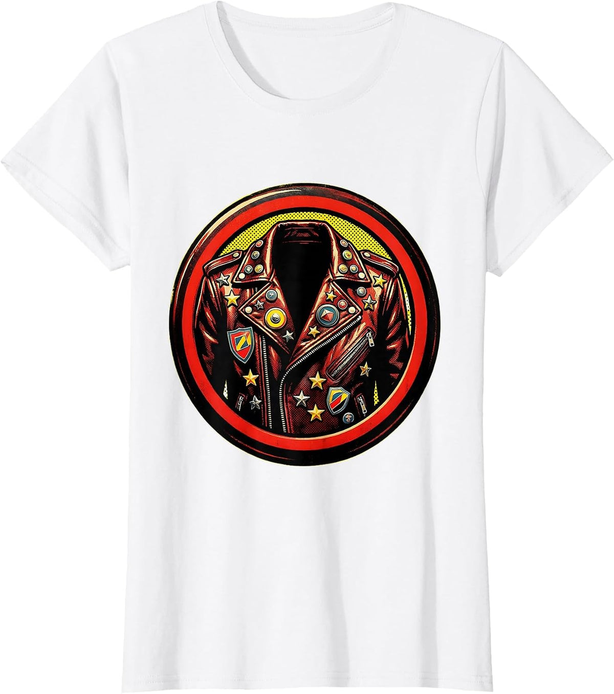Rock and Roll Leather Jacket Pins and Patches Graphic T-Shirt - White