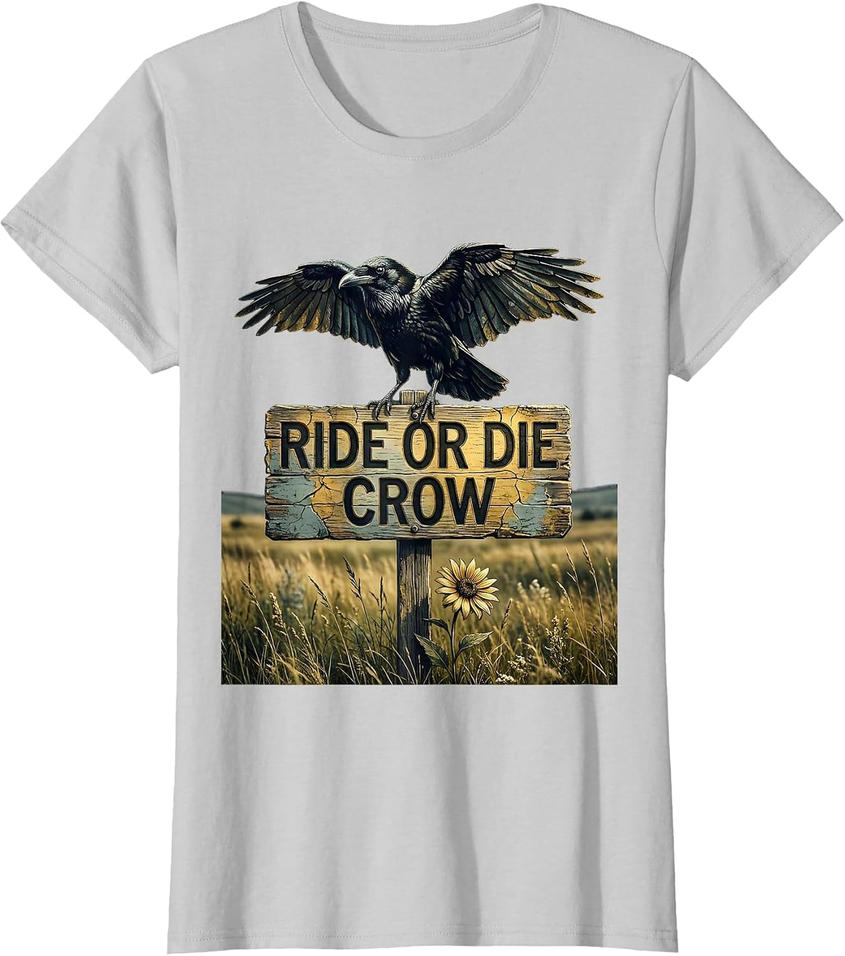 Ride or Die Crow Bold Dark Bird Design T-Shirt - Silver Grey