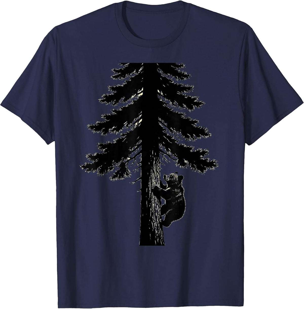 Bear Cub Climbing Pine Tree Nature Illustration T-Shirt - Navy Blue