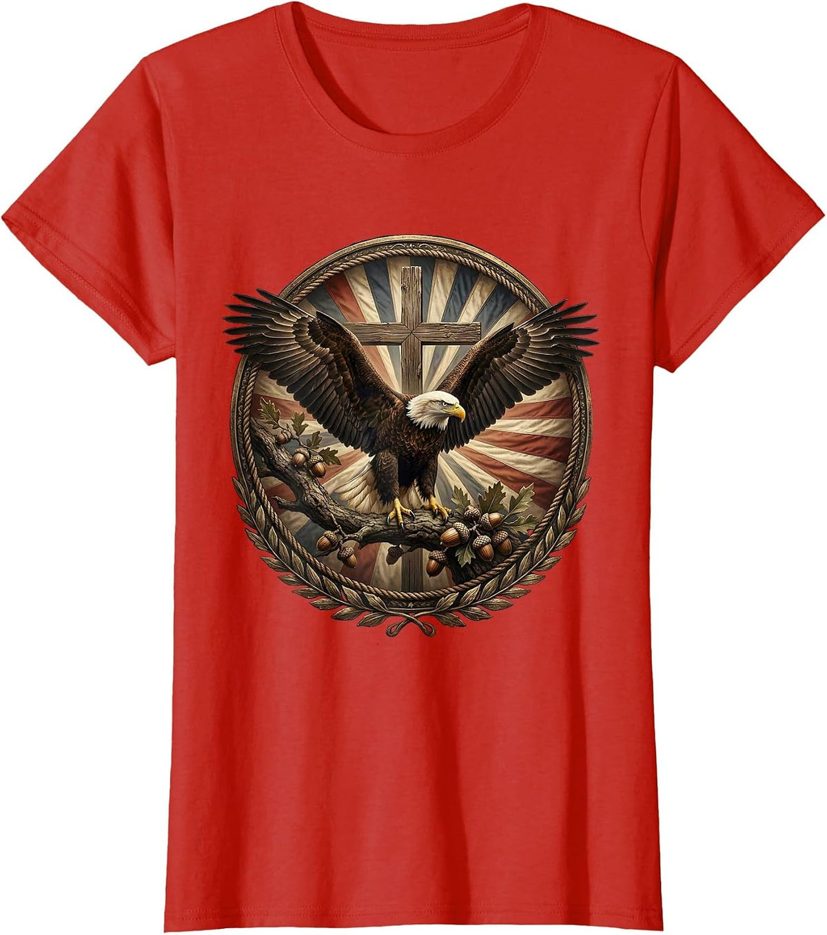Bald Eagle Perched on Oak Branch Illustration T-Shirt - Red