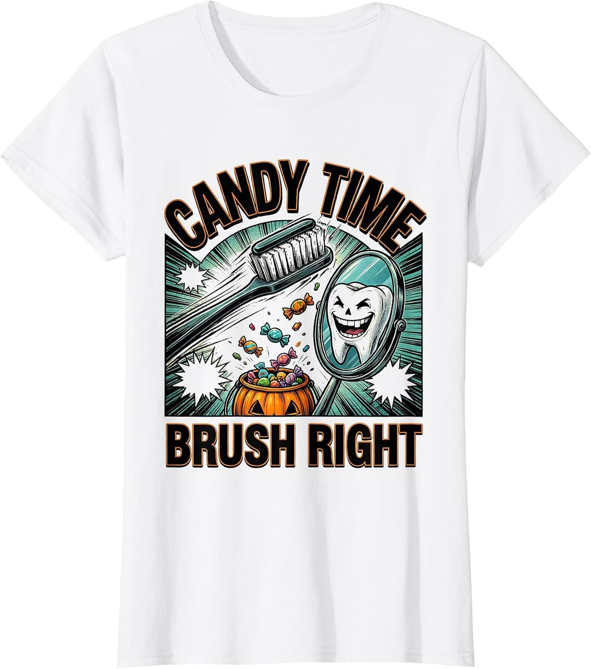 Candy Time Brush Right Comic Book Halloween Dentist Dental T-Shirt - White