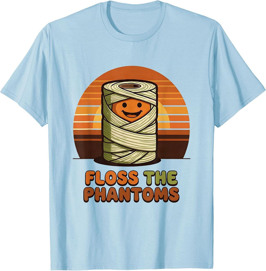 Men's Floss the Phantoms Retro 70s Halloween Dentist Dental Pun T-Shirt - Baby Blue