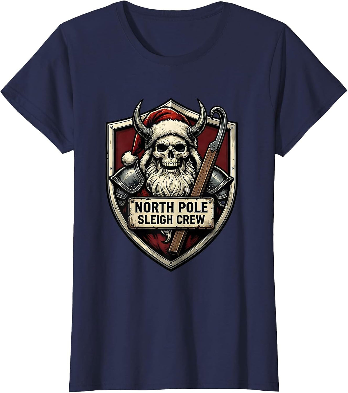 Women's North Pole Sleigh Crew Emblem Heavy Metal Santa Parody T-Shirt - Navy Blue