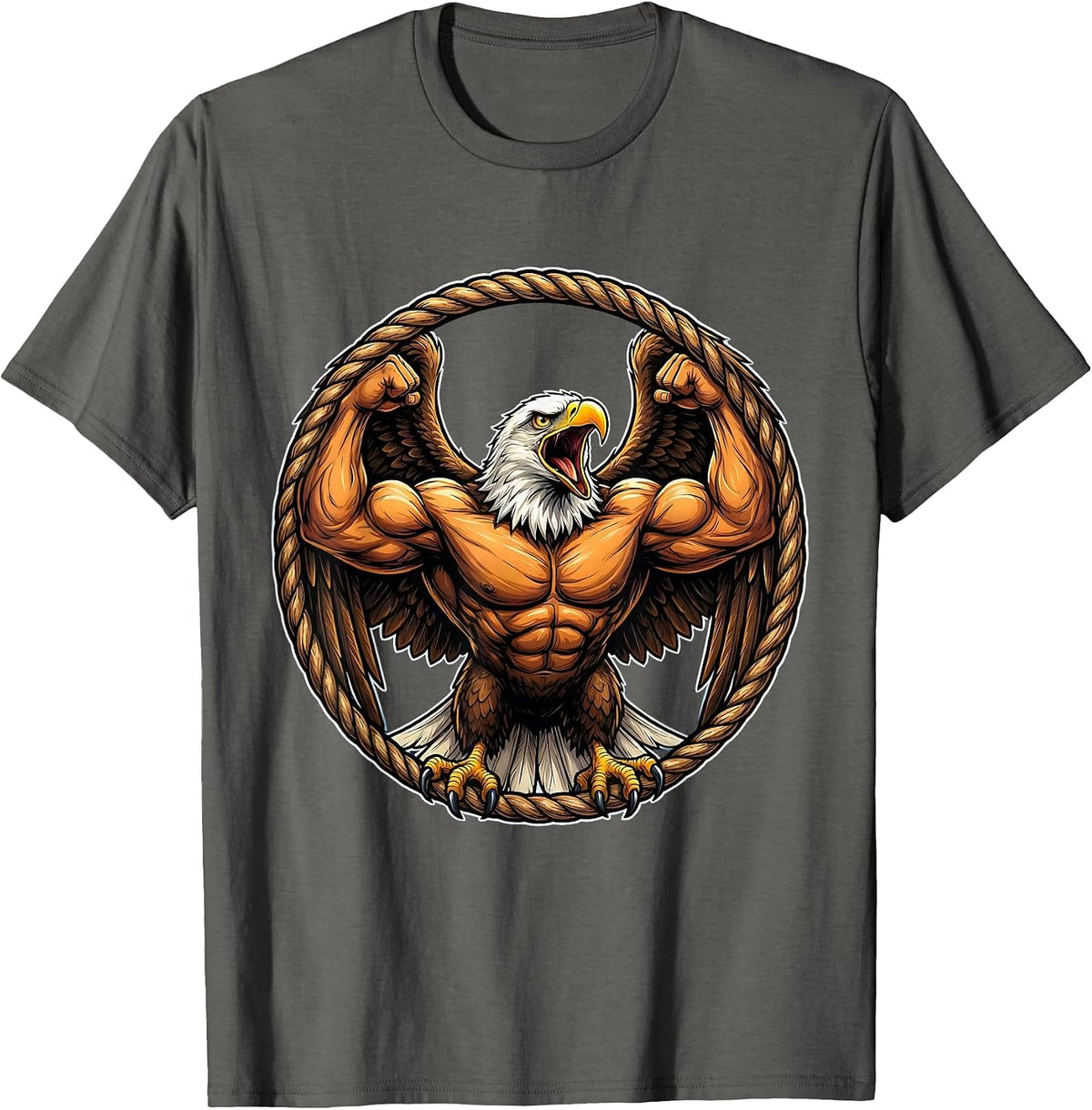 Men's Bald Eagle Flexing Muscles Patriotic Graphic T-Shirt - Asphalt Grey