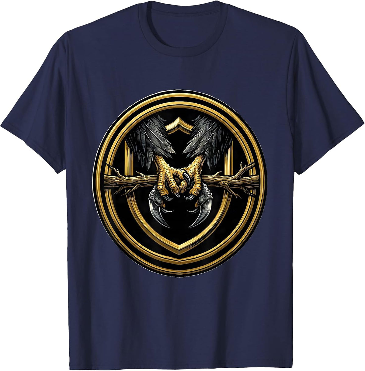 Hawk and Crow Talons Gripping Branch Illustration T-Shirt - Navy Blue