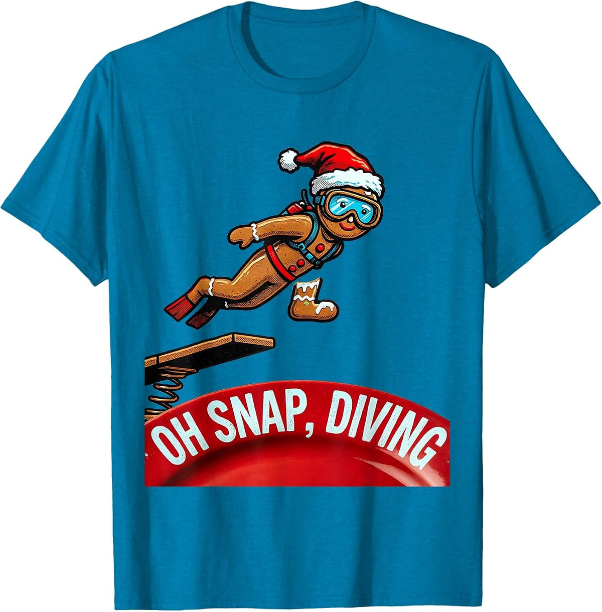 Oh Snap Diving Pop Art Gingerbreadman Christmas Sports Humor T-Shirt - Sapphire Blue