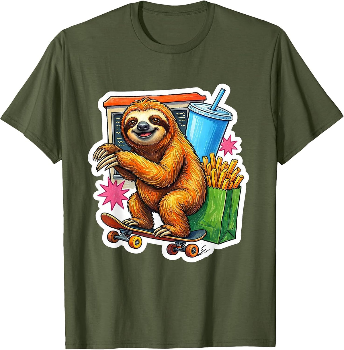 Men's Lazy Sloth Fast Food Drive-Through Skateboard T-Shirt - Olive Green